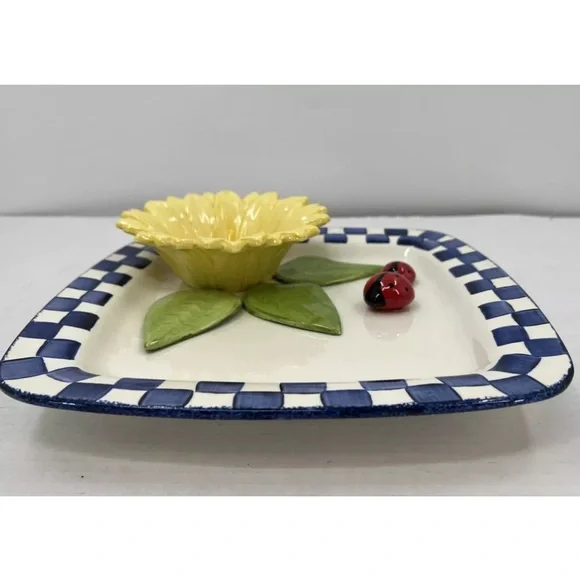 Cali 3D Yellow Sunflower Ladybug Blue White Chip Dip Serving Art Pottery  Signed - Picture 2 of 12